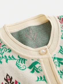 Teen Girls All-Over Print With Pockets Front Button Ruffle Hem Vintage Long Sleeve Cardigan - Green - View 8