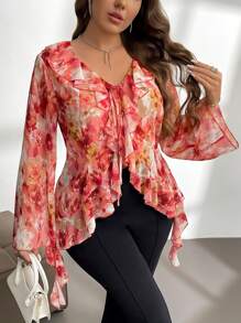SHEIN Privé 大码女式花卉随机印花前开褶边袖系带前衬衫 - 彩色 - 查看 3