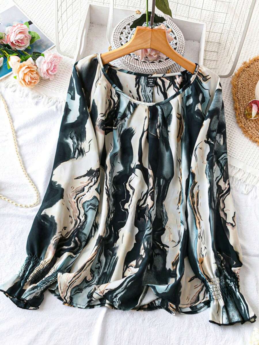 Rometta Plus Size Color Block Round Neck Long Sleeve Women's Summer Blouse Fall Cloth For Women - Multicolor - View 1