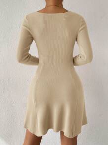 SHEIN Clasi 秋季加大码纯色针织毛衣连衣裙搭配热粉色连衣裙 - 杏色 - 查看 2