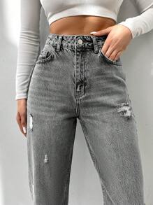 EURMUSE 100%Cotton Women's Ripped Fashionable Casual Jeans - Grey - View 5