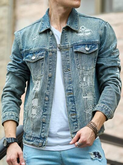 Manfinity Homme Chaqueta vaquera casual para hombres con bordado de letras para otoño