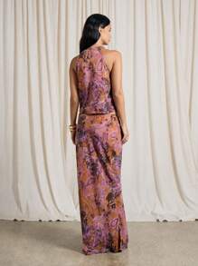 AiiRZ Conjunto de dos piezas con top de cuello de halter drapeado estampado y falda larga maxi