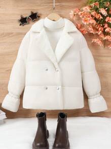 SHEIN Tween Girl Double Breasted Solid Color Fluffy Lined Short Padded Coat, Winter New Style - Apricot - View 5