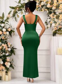 SHEIN Belle Atavío de dama de honor, vestido de noche, ambiente elegante para fiesta de baile, escote cuadrado con abertura y pliegues, elegante y lujoso vestido largo para mujer, vestido de cóctel semi formal para fiesta de graduación, cumpleaños, invitado de boda, cena, regreso a casa, Navidad - Verde Oscuro - Ver 2