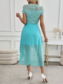 SHEIN Clasi Váy ngắn tay bó sát, xếp ly, ren chắp vá, vải chiffon màu xanh bạc hà, mùa xuân/hè - Màu xanh bạc hà - Xem 2