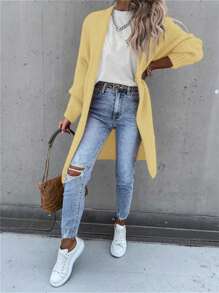 SHEIN LUNE 1 Áo len cardigan dài tay màu trơn cho nữ, áo đơn giản, mặc hàng ngày - Màu vàng - Xem 5