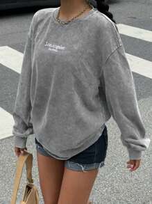 Muchica Knitted Women's Embroidered Retro Long Sleeve Round Neck T-Shirt - Light Grey - View 4