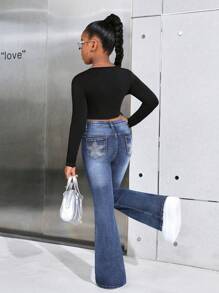 SHEIN Tween Girls Y2K Fashion Casual Flare Leg Jeans Star Pattern With Rhinestones, Girls Fall Clothes Back To School Outfits - Medium Wash - View 5