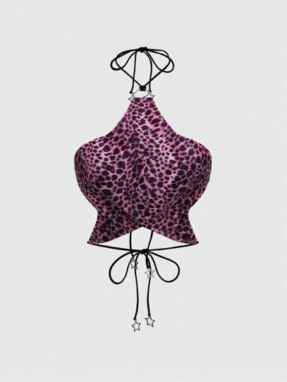 J-Fashion Top halter de mujer con estampado de leopardo, chita y estrella sexy, para otoño/invierno