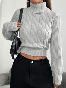Chiquease Women's Turtleneck Cable Knit Pullover Sweater Knit Pullover Fall Winter Outfit - Grey - View 7
