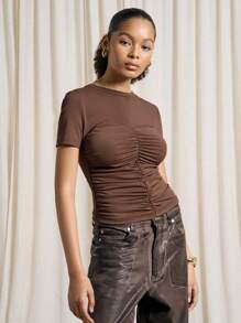 AiiRZ Áo thun tay ngắn nhún trước Jersey - màu nâu - Xem 1