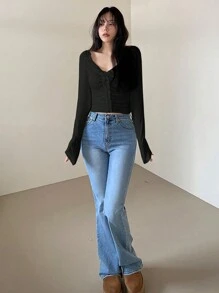 DAZY 女士黑色荷叶边修身纯色抽绳长袖T恤，春夏款 - 黑色 - 查看 4