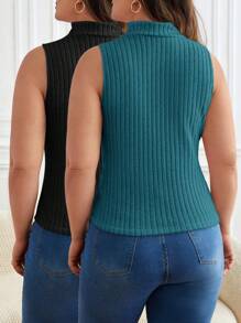 SHEIN Frenchy 大码女式纯色高领罗纹修身休闲背心 - 彩色 - 查看 2