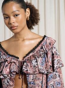 AiiRZ Boho Paisley Print Wide V-Neck Front Tie Flared Sleeve Top - Brown - View 3