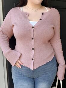 Dazy Plus Plus Size Solid Color Round Neck Asymmetrical Hem Fitted Flared Sleeve Cardigan,Fall Clothes
