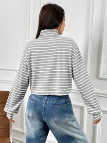 SHEIN EZwear Áo thun cổ tròn dệt kim in gân màu xám và trắng giản dị dành cho nữ, mùa thu - Xám - Xem 2