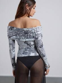 AiiRZ Off Shoulder News Print Top Ruched Long Sleeve Graphic Bodysuit Stretch Form Fitting Street Style Urban Statement Piece Contemporary Modern Aesthetic - Multicolor - View 2