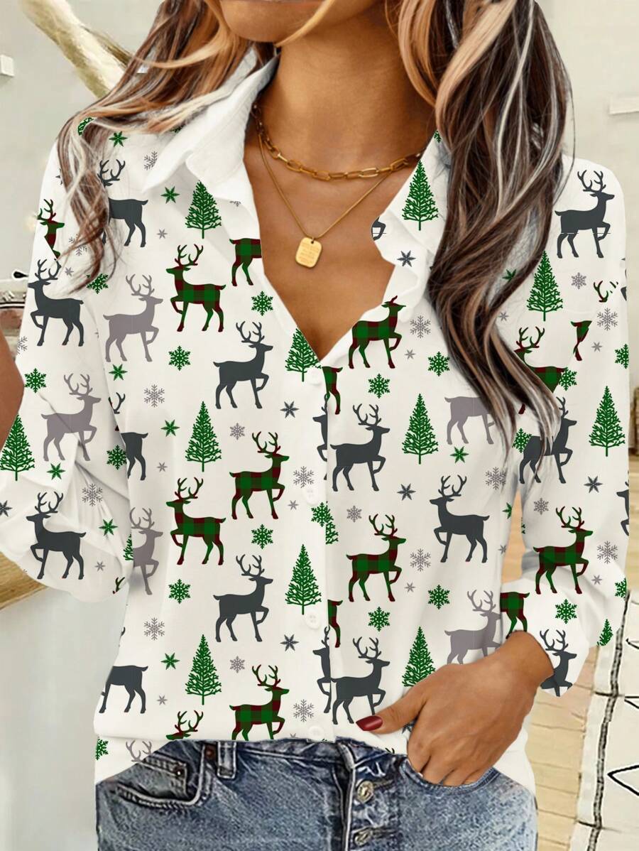 EMERY ROSE Christmas Casual Women Reindeer & Christmas Tree Pattern Shirt, Suitable For Spring & Autumn