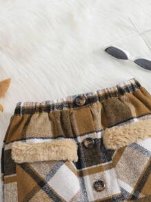 Jupe mini en tricot à carreaux à ligne A avec poches moelleuses, boutons décoratifs, style de rue décontracté pour pré-adolescentes - Camel - Voir 4