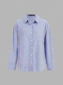 Poéselle 条纹印花纽扣前开休闲长袖衬衫、女式纽扣衬衫、秋季衬衫、秋季上衣、蓝白女式衬衫、商务女装