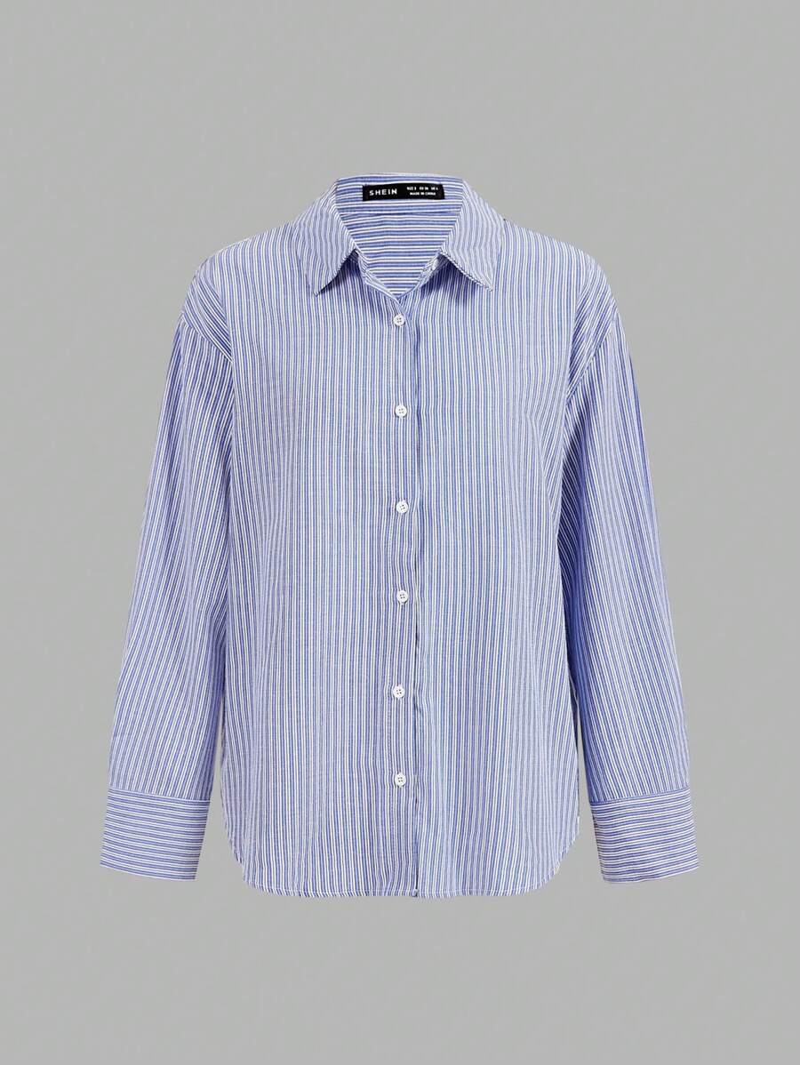 Poéselle 条纹印花纽扣前开休闲长袖衬衫、女式纽扣衬衫、秋季衬衫、秋季上衣、蓝白女式衬衫、商务女装