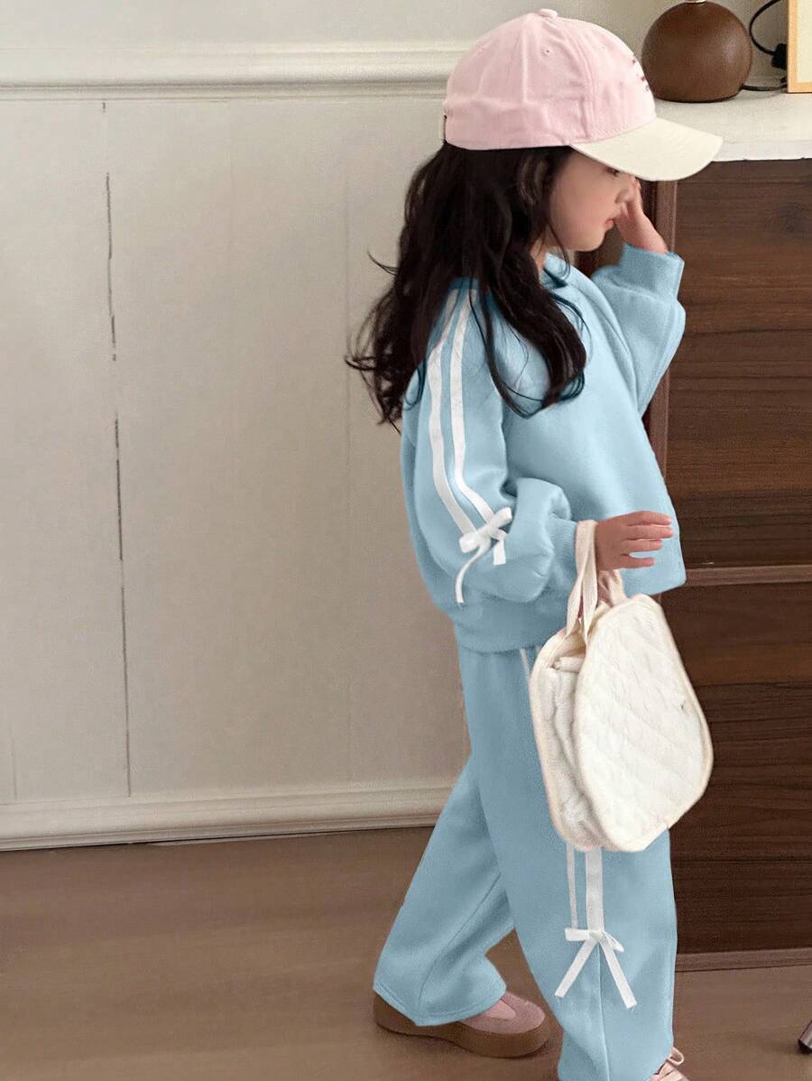 DAZY 2 件套年轻女孩圆领针织运动衫套装，秋季服装 - 藍色 - 查看 1