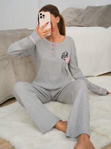 RueChic 2pcs Cotton Contrast Piping Cute Cat Embroidery With Button Detail Homewear Set - Light Grey - View 3