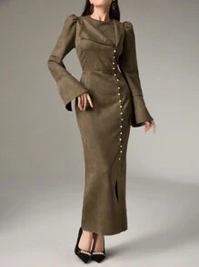 Heiryn 女士优雅长裙，圆领，喇叭袖，纽扣设计，适合秋季 - 軍綠色 - 查看 2