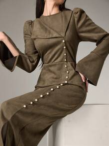 Heiryn 女士优雅长裙，圆领，喇叭袖，纽扣设计，适合秋季 - 軍綠色 - 查看 4