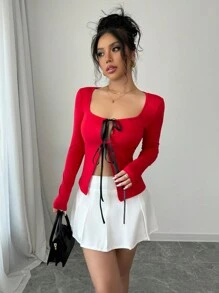 Chiquease Women's Casual Front Tie Long Sleeve Square Neck T-Shirt, Autumn - Multicolor - View 3