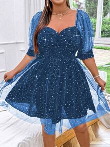 Celure Plus Size Elegant Sequined Mesh Puff Sleeve Dress - Royal Blue - View 1