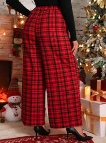 SHEIN LUNE Quần ống rộng in họa tiết kẻ caro cổ điển thường ngày cỡ lớn cho quần áo năm mới - Đỏ - Xem 2