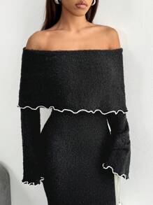 Chiquease 女式露肩珍珠纹理喇叭袖紧身毛衣连衣裙