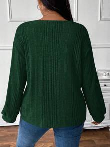 SHEIN Frenchy Áo thun tay dài cổ chữ V rộng rãi không đối xứng cỡ lớn - xanh quân đội - Xem 2