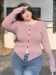 Dazy Plus Plus Size Solid Color Round Neck Asymmetrical Hem Fitted Flared Sleeve Cardigan,Fall Clothes