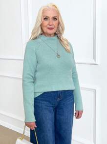 EMERY ROSE 女士休闲宽松纯色立领插肩袖毛衣，适合秋冬季针织套头衫 - 綠色 - 查看 5