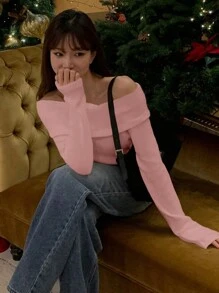 DAZY 女款露肩純色針織T恤，粉色，春秋長袖上衣，秋季女裝外出上衣 - 粉色 - 查看 3