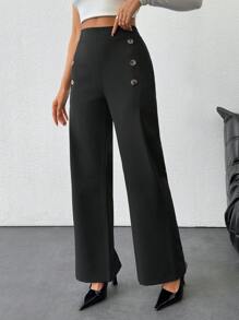 EURMUSE Women's Solid Front Button Detailed Pants - Black - View 4