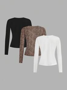 Slaydiva 3pcs/Set Plus Size Women Crew Neck Casual Tight Fit Long Sleeve T-Shirt Set, Suitable For Autumn/Winter