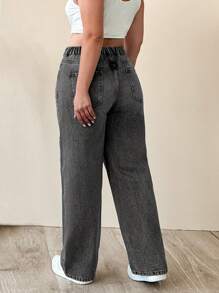 SHEIN Cottnline سروال جينز بخصر مطاطي قياس كبير 100% قطن للنساء لون أزرق متوسط ساق مستقيمة - رمادي غامق - مشاهدة 2