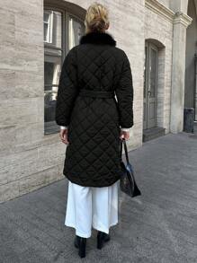 EURMUSE Women's Solid Longline Quilted Jacket With Zip Up And Fur Collar - Black - View 5