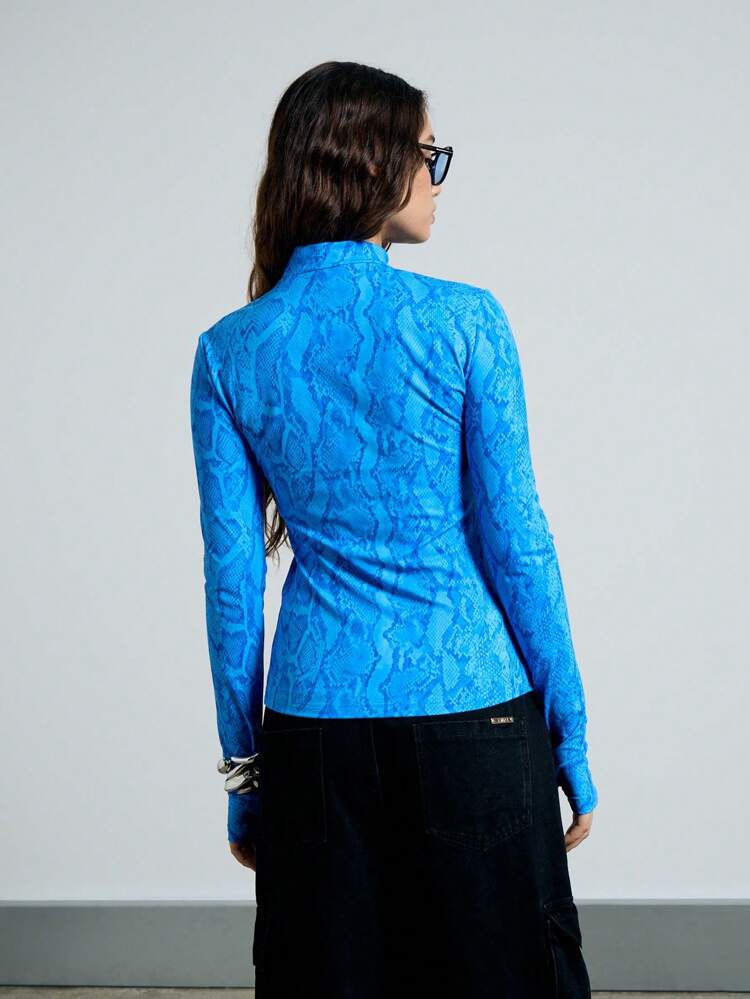Snake Print High Neck Long Sleeve Fitted Top