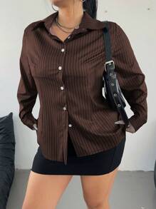 Flirla Camisa estriada con botones delantera casual básica para otoño, talla grande