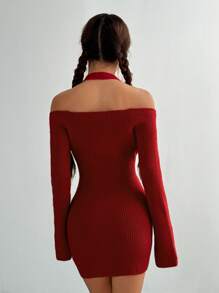 Flirla Váy len dệt kim cổ lọ thường ngày, thanh lịch và gợi cảm, mùa thu/đông - Đỏ - Xem 2