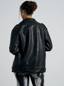 AiiRZ Oversized Biker Moto Jacket Premium Faux Leather Metal Hardware Classic Outerwear With Belt Fashion Streetwear Fall Winter