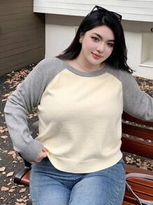 Dazy Plus Plus Size Contrast-Color Patchwork Crew Neck Oversized Pullover Sweater, Fall Clothes - Apricot - View 5