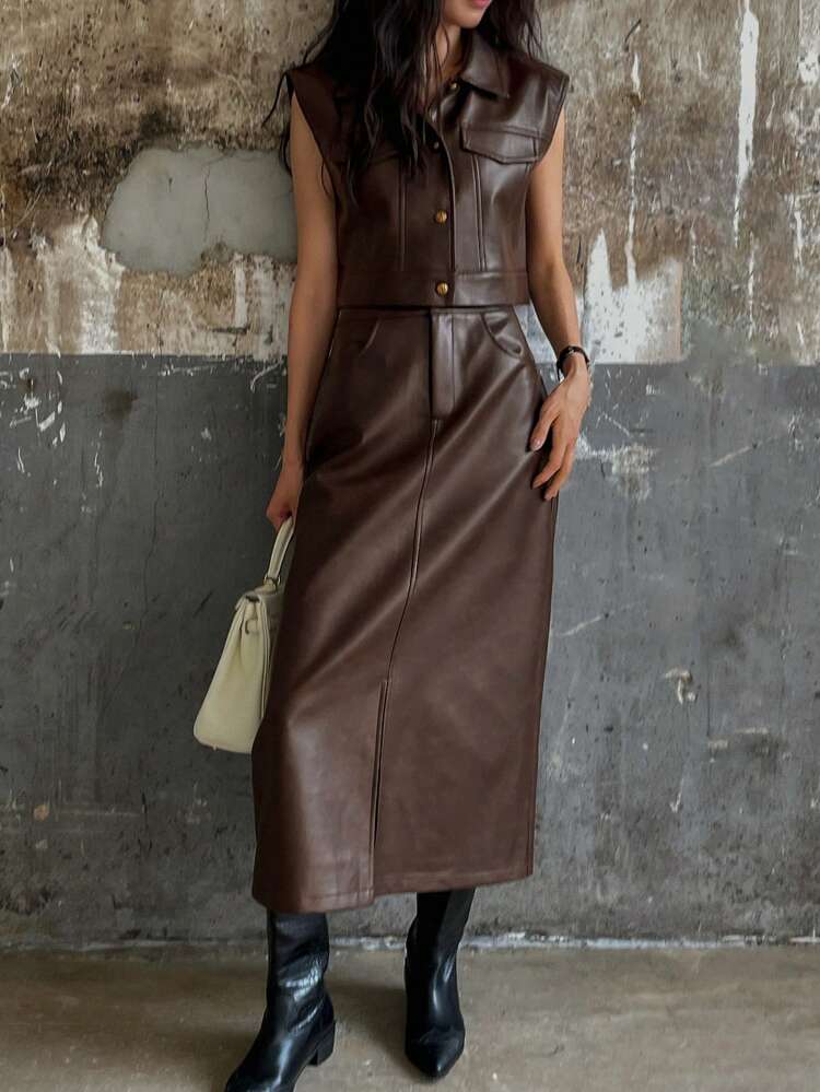 Women's Fall/Winter PU Leather Flap Detail Sleeveless Jacket & Split Hem Straight Skirt 2pcs Set