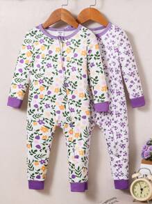 2 Stücke Baby Mädchen Blumen Langarm Jumpsuit Pyjama Set, Eng anliegend