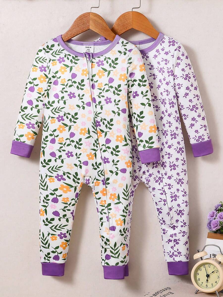2 Stücke Baby Mädchen Blumen Langarm Jumpsuit Pyjama Set, Eng anliegend